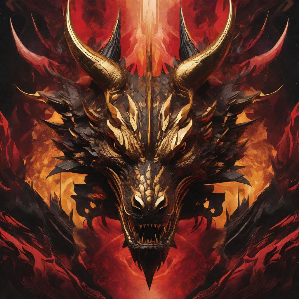  Beautiful and mysterious artwork with hyperfantasy aesthetics, featuring a dragon head from the front, the entire head including the horns, in only one third of the image, centered, in brown tones with gold, exaggerated roaring, emerging from an abstract background of black and red colors, in the second third of the image, with abstract sinking, under the extreme light of a colorful abstract digital pattern., scenary, landscapes, high quality high detail painting by lucian freud, hd, photorealistic lighting, style of van gogh hyperrealistic, full body, detailed clothing, highly detailed, cinematic lighting, stunningly beautiful, intricate, sharp focus, f/1. 8, 85mm, (centered image composition), (professionally color graded), ((bright soft diffused light)), volumetric fog, trending on instagram, trending on tumblr, HDR 4K, 8K