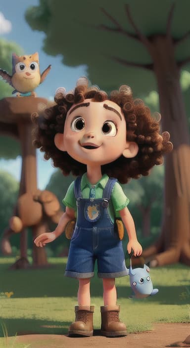  {Riley looking up at the tree with a big smile, animals surrounding them., Riley, a curious with big brown eyes and curly hair, wearing overalls and carrying a small backpack. Their friend, Skye, a bluebird with shiny feathers.