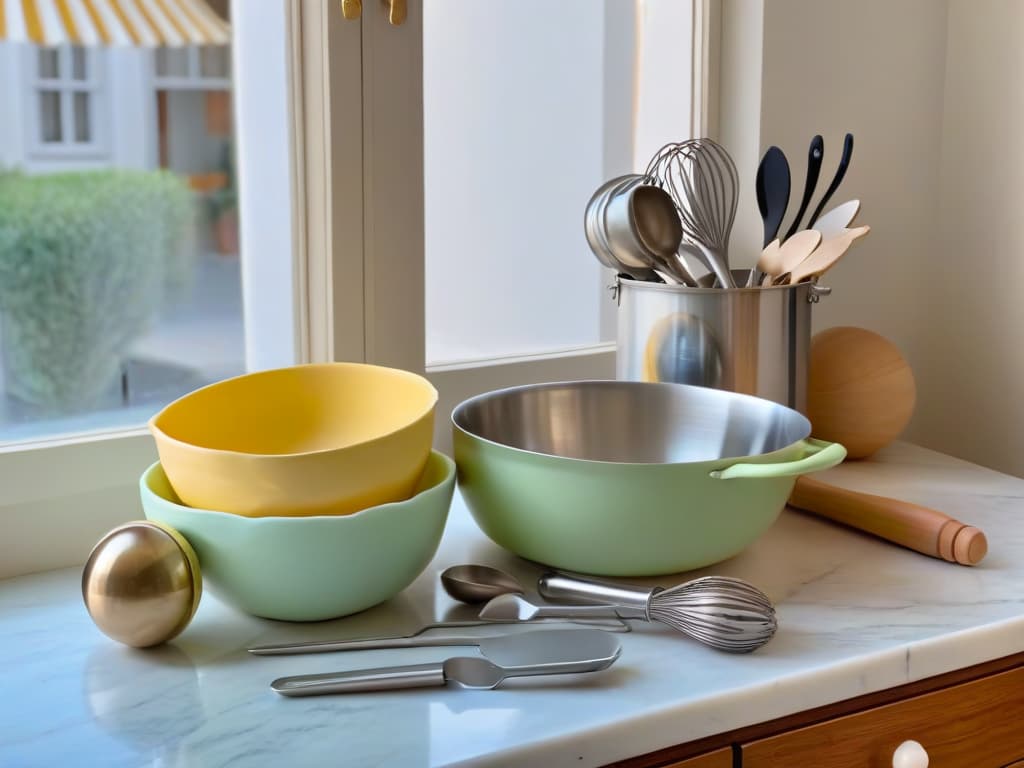  An image of a sleek, minimalist kitchen counter adorned with a curated selection of vintageinspired baking utensils from the 80s and 90s. The utensils include pastelcolored mixing bowls, stainless steel measuring cups, and woodenhandled whisks, all arranged artfully on a marble surface. The soft natural light filtering through a nearby window casts gentle shadows, highlighting the nostalgic charm of the retro baking tools. hyperrealistic, full body, detailed clothing, highly detailed, cinematic lighting, stunningly beautiful, intricate, sharp focus, f/1. 8, 85mm, (centered image composition), (professionally color graded), ((bright soft diffused light)), volumetric fog, trending on instagram, trending on tumblr, HDR 4K, 8K