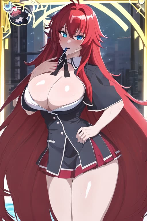  with erect in her mouth,masterpiece, best quality, 1women, long red hair, looking at viewer, :3, cute, black uniform, outdoors, streets, cowboy shot, curvy, (((blue eyes))), rias gremory, red hair, antenna hair, wavy hair, ((beautiful detailed eyes, beautiful detailed glow, lots of glow)), anime screencap,women at pool, compeion , black , masterpiece, best quality, high quality, solo