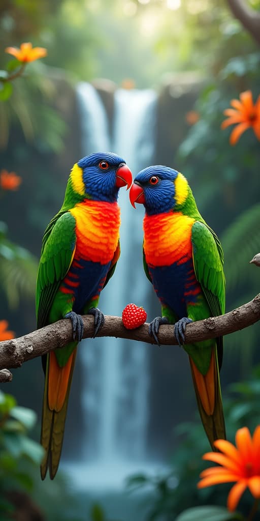  good quality, high quality, pair of lovebirds sharing a berry in a vibrant rainforest setting, with cascading waterfalls and colorful tropical flowers