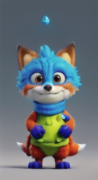  {Error the fox pressing the blue button with his paw, looking puzzled as nothing occurs., Error is a small, bright orange fox with a fluffy tail and big, inquisitive eyes. He has a mischievous yet kind expression and wears a tiny green scarf.