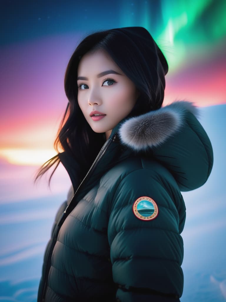  portrait,Young beautiful Asian girl in black lightweight puffer jacket hooded winter coat without logo embroidery,Standing in Sanna Northern Lights In North Pole,black hair, cinematic lighting, stunningly beautiful, intricate, sharp focus, f/1. 8, 85mm, (professionally color graded), ((bright soft diffused light)), volumetric fog, trending on instagram, trending on tumblr, HDR 4K, 8K hyperrealistic, full body, detailed clothing, highly detailed, cinematic lighting, stunningly beautiful, intricate, sharp focus, f/1. 8, 85mm, (centered image composition), (professionally color graded), ((bright soft diffused light)), volumetric fog, trending on instagram, trending on tumblr, HDR 4K, 8K