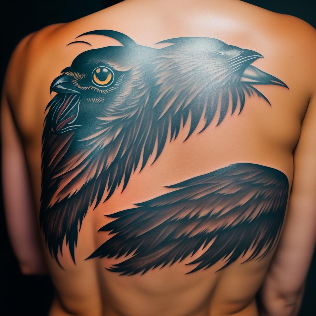  wolf head silhouette forming inside of crow feathers of a outstretched crow body back tattoo, (high detailed skin:1.2), 8k uhd, dslr, soft lighting, high quality, film grain, Fujifilm XT3 hyperrealistic, full body, detailed clothing, highly detailed, cinematic lighting, stunningly beautiful, intricate, sharp focus, f/1. 8, 85mm, (centered image composition), (professionally color graded), ((bright soft diffused light)), volumetric fog, trending on instagram, trending on tumblr, HDR 4K, 8K