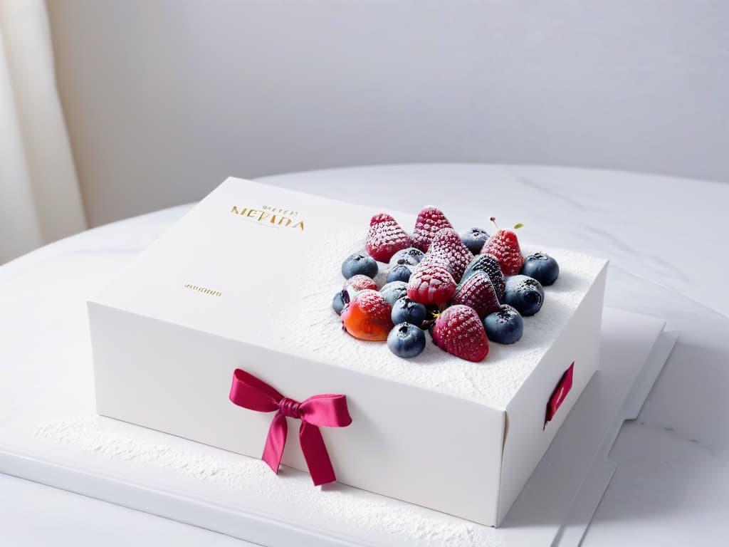  A minimalistic image of a sleek, white bakery box adorned with a delicate pastel ribbon, sitting on a marble countertop next to a scattering of fresh berries and a dusting of powdered sugar. The lighting is soft, casting gentle shadows to create a serene and elegant atmosphere. hyperrealistic, full body, detailed clothing, highly detailed, cinematic lighting, stunningly beautiful, intricate, sharp focus, f/1. 8, 85mm, (centered image composition), (professionally color graded), ((bright soft diffused light)), volumetric fog, trending on instagram, trending on tumblr, HDR 4K, 8K