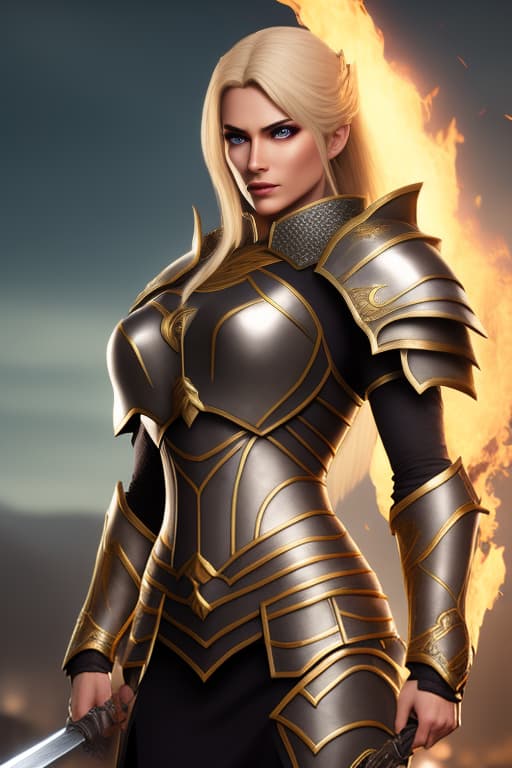  Midjourney style, midjpurney v4 style, Female Fantasy Paladin, Paladin Armor, Chainmail Armored Suit, Toned Female Muscle, Female Body Shape, Fit Female Body, 4KUHD, High Quality Resolution, 1080i, 1080p, Cinematic Quality, Detailed Face, Beautiful Face, Dramatic Lighting, Bokeh, Dark Fantasy Asthetic, Surrouded by Fire, Medieval Glowing Longsword, Close Up Face
[Medieval Character (SDXL)], high quality, highly detailed, cinematic lighting, intricate, sharp focus, f/1. 8, 85mm, (centered image composition), (professionally color graded), ((bright soft diffused light)), volumetric fog, trending on instagram, HDR 4K, 8K