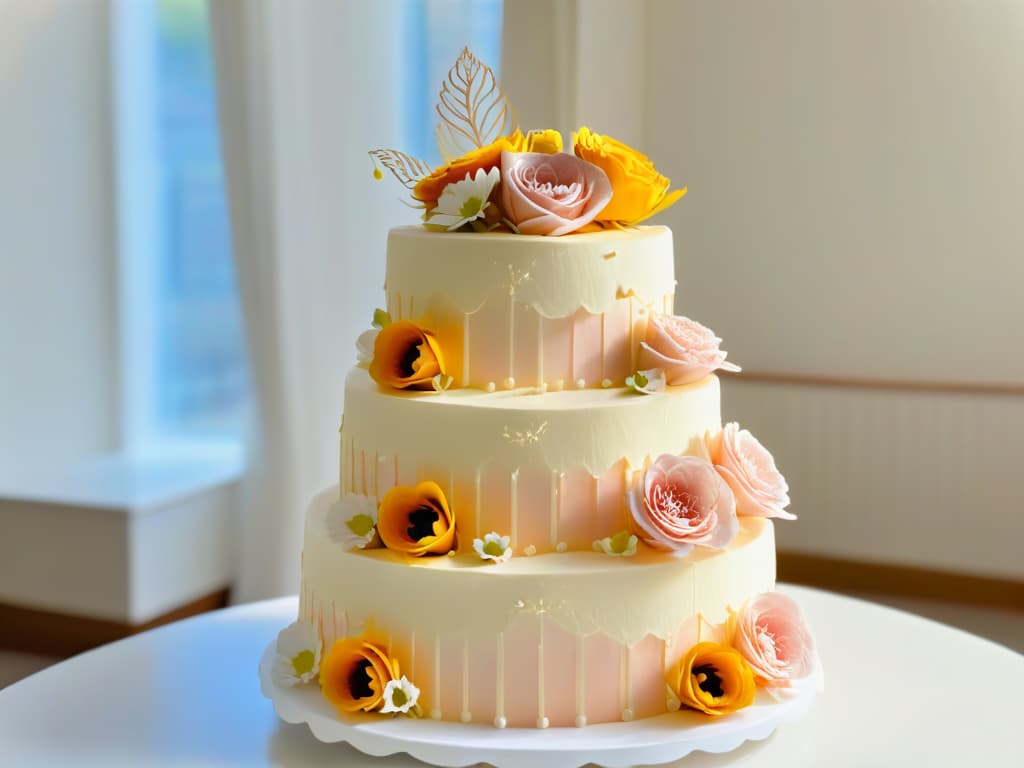  A closeup, ultradetailed image of a threetiered wedding cake with intricate white lace detailing cascading down each layer, adorned with delicate sugar flowers in shades of blush pink, ivory, and gold. The background is softly blurred to keep the focus on the elegant design of the cake, showcasing the craftsmanship and artistry involved in creating a stunning wedding dessert. hyperrealistic, full body, detailed clothing, highly detailed, cinematic lighting, stunningly beautiful, intricate, sharp focus, f/1. 8, 85mm, (centered image composition), (professionally color graded), ((bright soft diffused light)), volumetric fog, trending on instagram, trending on tumblr, HDR 4K, 8K