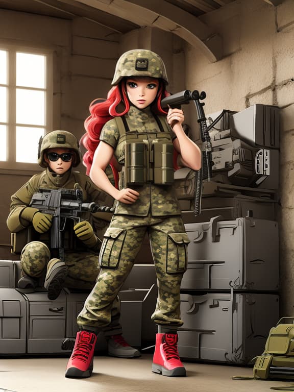  Camouflage clothing full body biceps machine gun fighting girl cute