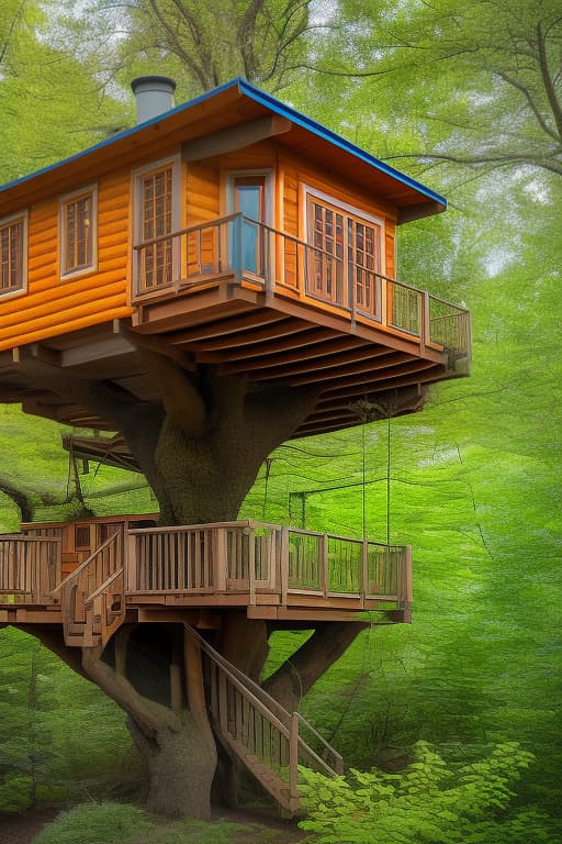 dvarchmodern (Фон) Зеленный лес с рекой. This tree house. The blossoms are blooming above the roof of the cabin. The flowers are blue turning to blue, red, yellow. hyperrealistic, full body, detailed clothing, highly detailed, cinematic lighting, stunningly beautiful, intricate, sharp focus, f/1. 8, 85mm, (centered image composition), (professionally color graded), ((bright soft diffused light)), volumetric fog, trending on instagram, trending on tumblr, HDR 4K, 8K