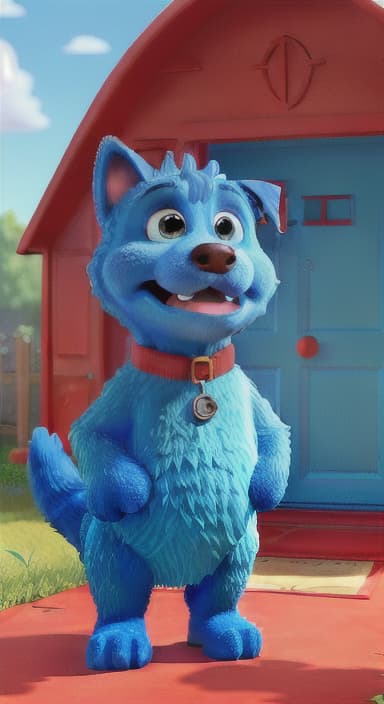  {Max the big blue dog standing in front of a cozy little house with a red door, The big blue dog is large with sky blue fur, big round eyes, a black nose, and floppy ears.