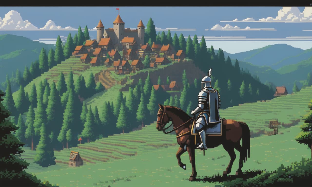  pixel art Pixel art, 16 bit. A knight on a horse is depicted on a hill in the forest in the foreground, the knight on the hill looks at a small village in the distance, there are no high buildings in the village, and the village is in the lowlands, the image should be suitable for a 2D 16 bit game. The image is drawn with pixels. Pixel art, 16bit, 32x32 . low res, blocky, pixel art style, 8 bit graphics hyperrealistic, full body, detailed clothing, highly detailed, cinematic lighting, stunningly beautiful, intricate, sharp focus, f/1. 8, 85mm, (centered image composition), (professionally color graded), ((bright soft diffused light)), volumetric fog, trending on instagram, trending on tumblr, HDR 4K, 8K