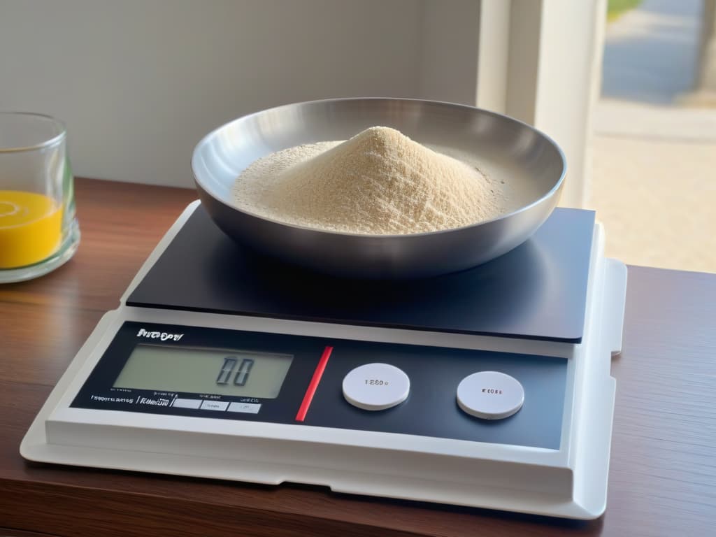  A closeup, ultradetailed image of a sleek, modern kitchen scale measuring out a precise amount of premium flour on a black granite countertop, with soft natural light filtering in from a nearby window, highlighting the fine texture and quality of the flour. hyperrealistic, full body, detailed clothing, highly detailed, cinematic lighting, stunningly beautiful, intricate, sharp focus, f/1. 8, 85mm, (centered image composition), (professionally color graded), ((bright soft diffused light)), volumetric fog, trending on instagram, trending on tumblr, HDR 4K, 8K