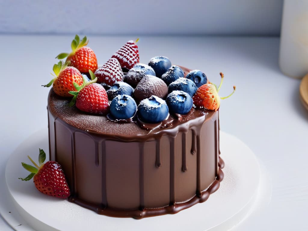  A highly detailed 8k image of a sleek, silver 3D printer nozzle delicately extruding intricate swirls of rich, molten chocolate onto a perfectly frosted miniature cake. The nozzle is surrounded by a symphony of vibrant, fresh fruits like strawberries, blueberries, and raspberries, contrasting against the dark chocolate in a visually striking manner. The precision and artistry of the 3Dprinted dessert showcase a perfect blend of technology and culinary excellence, embodying the essence of cuttingedge dessert creation through 3D printing. hyperrealistic, full body, detailed clothing, highly detailed, cinematic lighting, stunningly beautiful, intricate, sharp focus, f/1. 8, 85mm, (centered image composition), (professionally color graded), ((bright soft diffused light)), volumetric fog, trending on instagram, trending on tumblr, HDR 4K, 8K