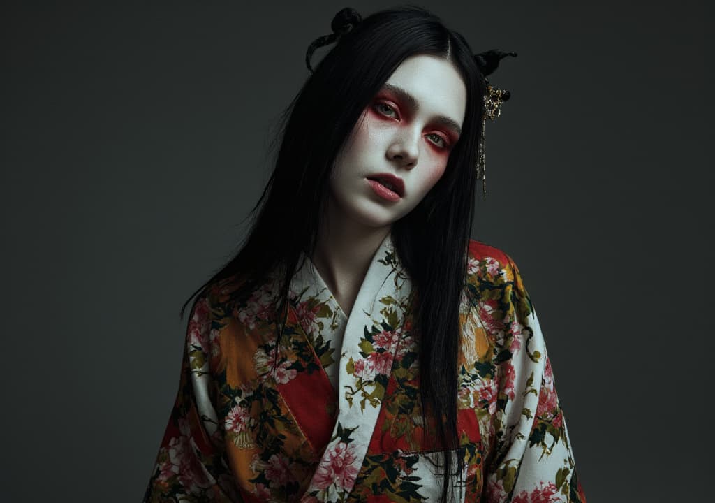  good quality, high quality, a haunting figure with pale white skin and long black hair, wearing a colorful kimono adorned with floral patterns | eerie, unsettling atmosphere | high fashion editorial photography | piercing blue eyes with red makeup