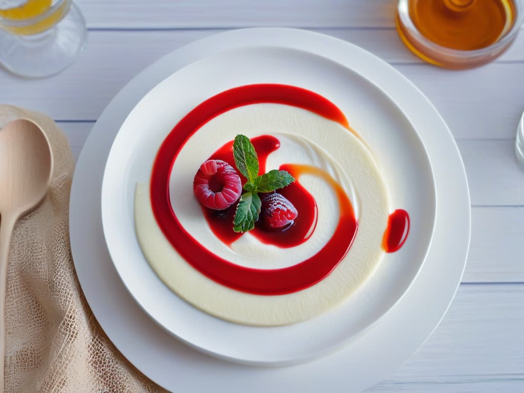  A serene white plate placed on a light wooden table, showcasing a delicate and elegant glutenfree dessert. The dessert is a perfectly cylindrical coconut panna cotta topped with a vibrant raspberry coulis, garnished with a single fresh mint leaf delicately placed on top. The smooth texture of the panna cotta contrasts beautifully with the bright red of the coulis, creating a visually striking and appetizing image that embodies the essence of minimalist glutenfree desserts. hyperrealistic, full body, detailed clothing, highly detailed, cinematic lighting, stunningly beautiful, intricate, sharp focus, f/1. 8, 85mm, (centered image composition), (professionally color graded), ((bright soft diffused light)), volumetric fog, trending on instagram, trending on tumblr, HDR 4K, 8K