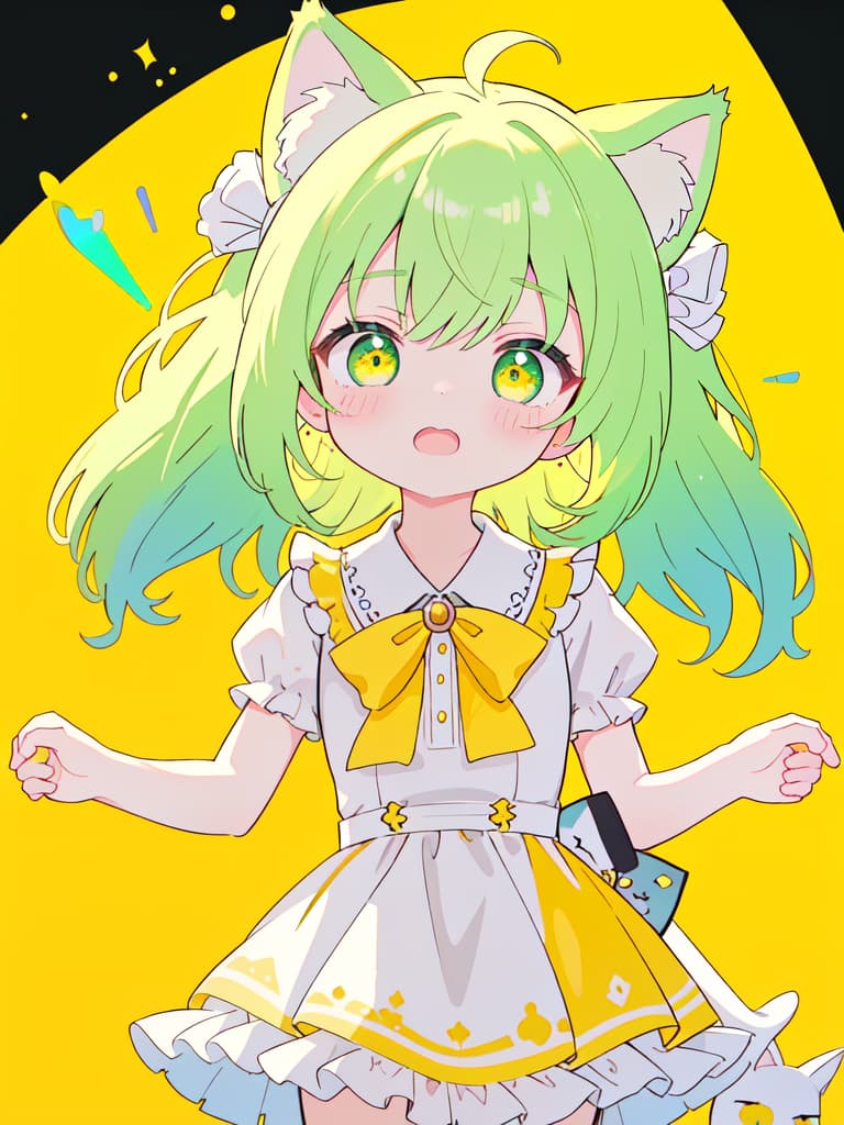  ultra detailed:1.2masterpiece:1.2,best quality,masterpiece,bestquality,hdr:1.1,8k:1.1,very cute girl:1.3,cat ear:1.3,blush frill dress,yellow green hair:1.3,long hair:1.1,troubled face:1.4,open mouth,yellow background,cowboy shot:1.3, masterpiece, best quality,8k,ultra detailed,high resolution,an extremely delicate and beautiful,hyper detail