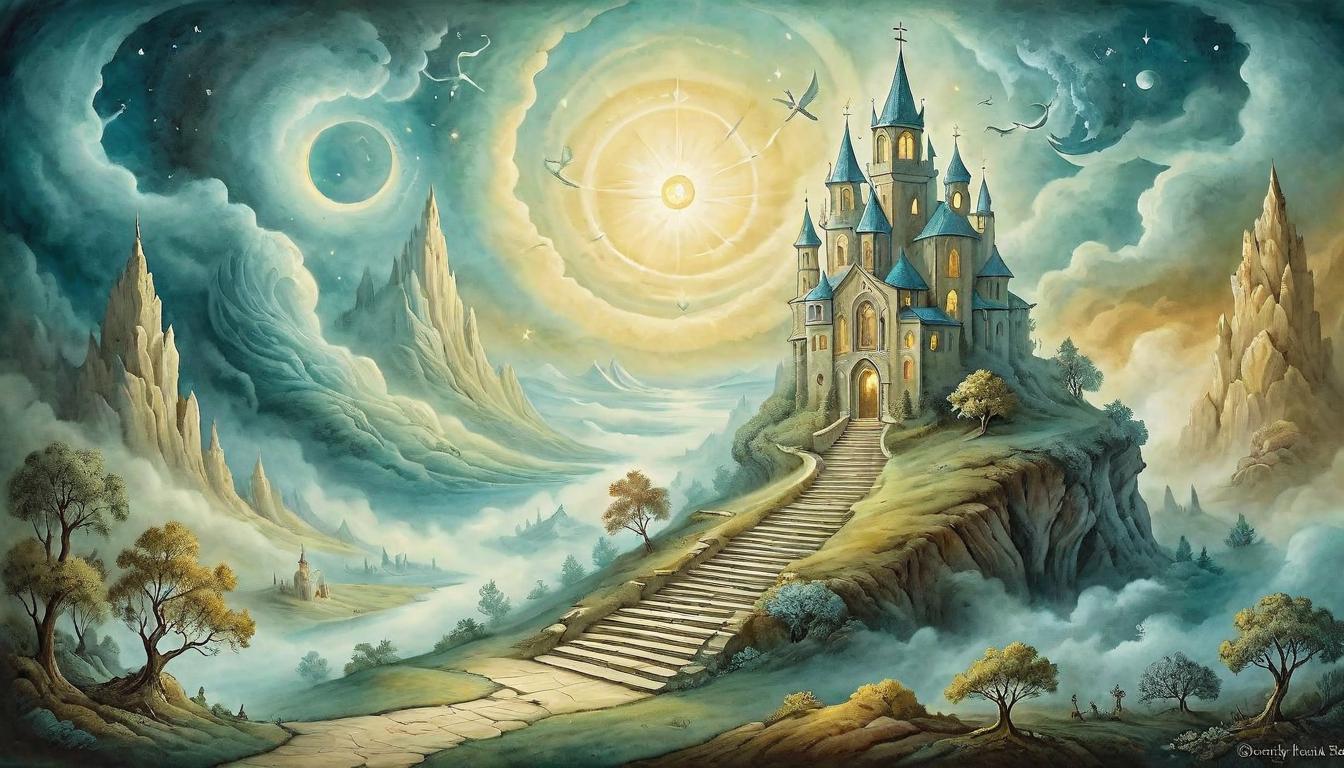  on parchment, surrealism+++, Ethereal steps ascend into light, each step an act of faith, atmosphere charged with renewal and eternity, spiritual, uplifting(mysterious, provocative, symbolic,muted color)+++