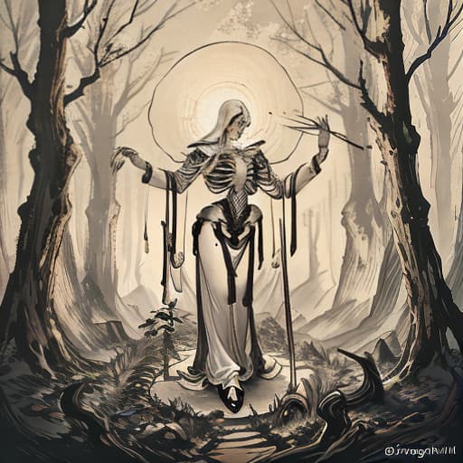  A giant skeleton on a forest hyperrealistic, full body, detailed clothing, highly detailed, cinematic lighting, stunningly beautiful, intricate, sharp focus, f/1. 8, 85mm, (centered image composition), (professionally color graded), ((bright soft diffused light)), volumetric fog, trending on instagram, trending on tumblr, HDR 4K, 8K