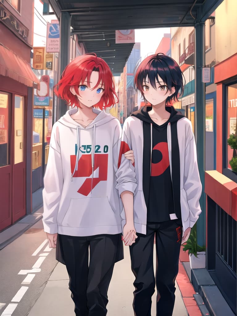  Teenage boy with red hair holding his black haired boyfriend's hand