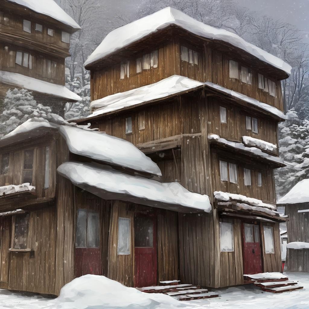  winter, evening, heavy snow, a single very dilapidated wooden house, front view, merge cartoon style