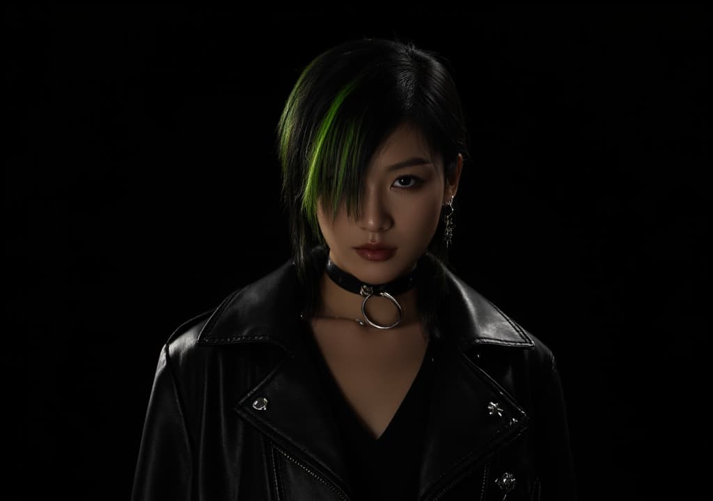  good quality, high quality, realistic, cyberpunk woman in the shadows, photo of a korean woman, cinematic, colored inner hair, green black streaked hair, black leather stylish jacket, stars and sparkles, black background, collar on her neck, stylish punk leather jacket, futuristic scene