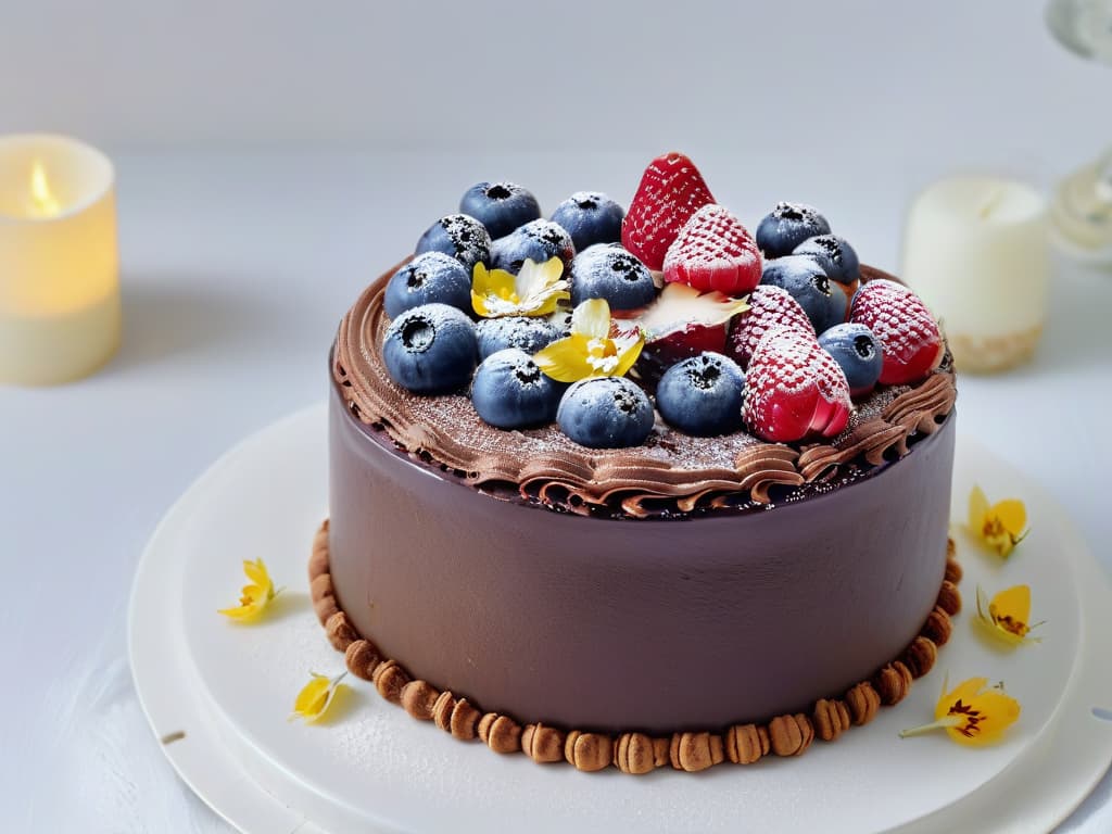  A minimalistic image of a beautifully decorated vegan chocolate cake with layers of rich chocolate ganache, topped with fresh berries and edible flowers, set on a sleek white cake stand against a clean, white background. The cake is elegantly garnished with delicate gold flakes and finely chopped nuts, showcasing the decadence and sophistication of vegan pastry while exuding a sense of luxury and indulgence. hyperrealistic, full body, detailed clothing, highly detailed, cinematic lighting, stunningly beautiful, intricate, sharp focus, f/1. 8, 85mm, (centered image composition), (professionally color graded), ((bright soft diffused light)), volumetric fog, trending on instagram, trending on tumblr, HDR 4K, 8K