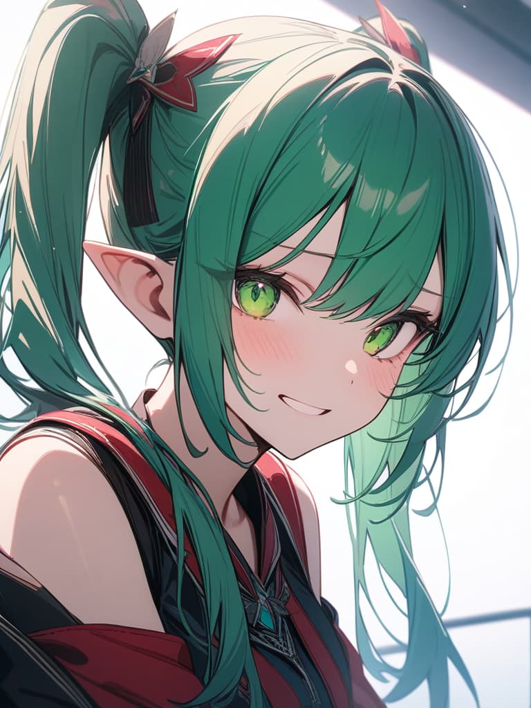  A cool expression that looks like a magical girl with a green hair character, twin tails on an elf ear, poker face expression, a magical effect, masterpiece, best quality,8k,ultra detailed,high resolution,an extremely delicate and beautiful,hyper detail