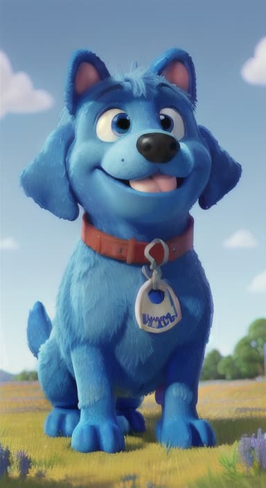  {A happy, big blue dog wagging its tail in a colorful meadow, The big blue dog is large with sky blue fur, big round eyes, a black nose, and floppy ears.