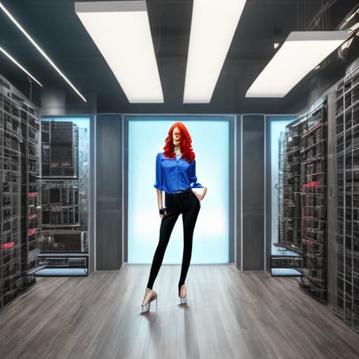  A red haired woman with blue eyes wears a black short sleeved shirt with pants of the same color and long heels that reach her knee also of the same color. She wears black gloves, night vision glasses, and black headphones. hyperrealistic, full body, detailed clothing, highly detailed, cinematic lighting, stunningly beautiful, intricate, sharp focus, f/1. 8, 85mm, (centered image composition), (professionally color graded), ((bright soft diffused light)), volumetric fog, trending on instagram, trending on tumblr, HDR 4K, 8K