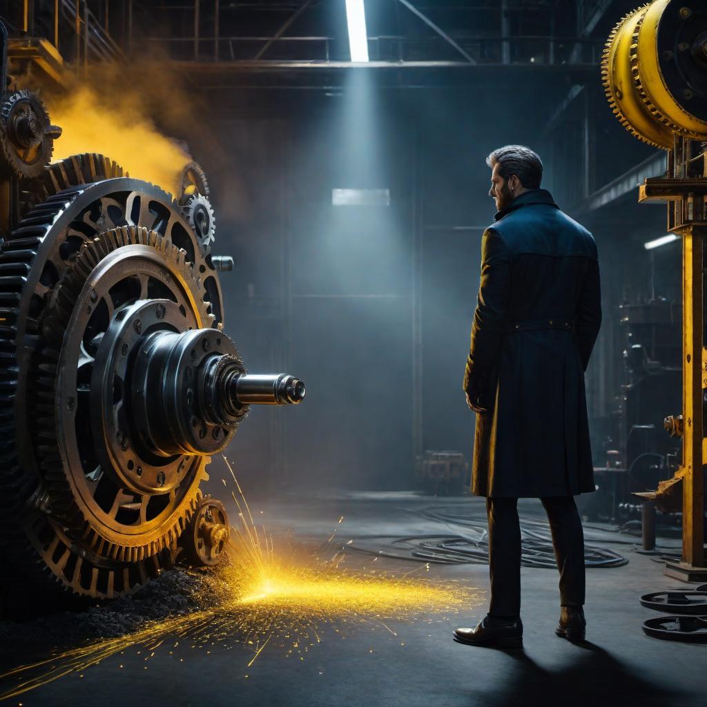  A visual representation of the word 'sabotage': A dark, shadowy figure is depicted placing a wrench into the gears of a large, complex machine. The background is a dimly lit industrial setting with sparks flying from machinery. The figure's face is obscured by a hood, and there's a sense of secrecy and malice in the air. The colors are mostly dark blues and grays, with a dramatic contrast of bright yellow sparks. hyperrealistic, full body, detailed clothing, highly detailed, cinematic lighting, stunningly beautiful, intricate, sharp focus, f/1. 8, 85mm, (centered image composition), (professionally color graded), ((bright soft diffused light)), volumetric fog, trending on instagram, trending on tumblr, HDR 4K, 8K