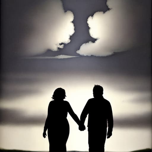  Middle aged couple silhouette strolling hand-in-hand along a somewhat dark narrow path. At the bottom of the picture is fluffy white clouds with a layer of storm clouds in the middle of the page and fluffy white clouds at the top giving way to bright light shining down from heaven