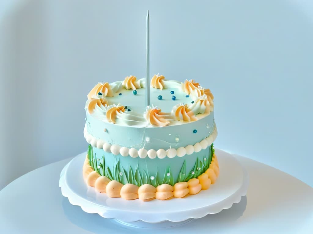  An ultradetailed closeup image of a beautifully decorated cake, showcasing intricate piping work and delicate fondant decorations in pastel colors. The cake is elegantly displayed on a simple, white cake stand, with soft natural lighting highlighting the details of the design. hyperrealistic, full body, detailed clothing, highly detailed, cinematic lighting, stunningly beautiful, intricate, sharp focus, f/1. 8, 85mm, (centered image composition), (professionally color graded), ((bright soft diffused light)), volumetric fog, trending on instagram, trending on tumblr, HDR 4K, 8K