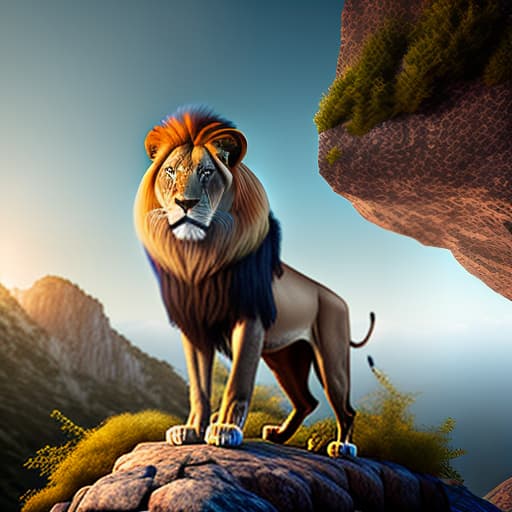 estilovintedois A lion on rock hyperrealistic, full body, detailed clothing, highly detailed, cinematic lighting, stunningly beautiful, intricate, sharp focus, f/1. 8, 85mm, (centered image composition), (professionally color graded), ((bright soft diffused light)), volumetric fog, trending on instagram, trending on tumblr, HDR 4K, 8K