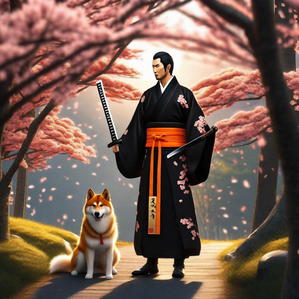  it’s early morning and the sun is just rising. big extravagant trees in the distance with sakura blosom trees closer. bright and cheery. sanin inu with his easy going posture stands there dressed in japanese black attire with orange accessories. he has a katana on his back it’s gold even has a sparkle to it. hyperrealistic, full body, detailed clothing, highly detailed, cinematic lighting, stunningly beautiful, intricate, sharp focus, f/1. 8, 85mm, (centered image composition), (professionally color graded), ((bright soft diffused light)), volumetric fog, trending on instagram, trending on tumblr, HDR 4K, 8K