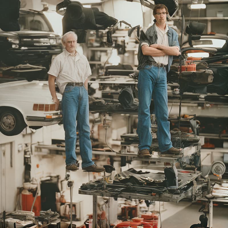 analog style team of professionals from a vehicle workshop