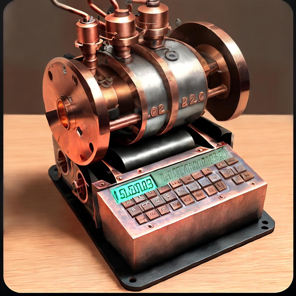 Realistic calculator that runs on steam with small pistons, steam boiler, pipe, coal furnace, the body is made of copper