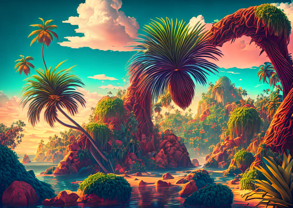 IN THE STYLE OF <MAGIFACTORY> Capture the essence of a tropical paradise with hand drawn palm trees, coconuts, and exotic birds. This design is ideal for creating a vibrant and lively atmosphere in fashion, textiles, or wallpaper. hyperrealistic, full body, detailed clothing, highly detailed, cinematic lighting, stunningly beautiful, intricate, sharp focus, f/1. 8, 85mm, (centered image composition), (professionally color graded), ((bright soft diffused light)), volumetric fog, trending on instagram, trending on tumblr, HDR 4K, 8K