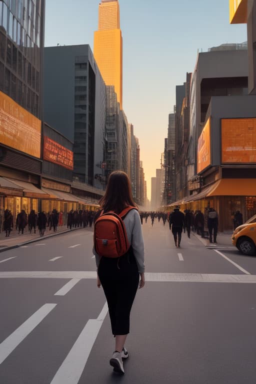  A young woman walks down a bustling city street, her eyes fixed on the horizon. The sun is setting, casting a warm orange glow over everything. She carries a small backpack and has a determined look on her face. In the distance, a skyscraper rises up, its sleek lines reflecting the city's energy. The air is filled with the sounds of honking horns and chattering pedestrians. She looks like she belongs here, like this is where she has always wanted to be.