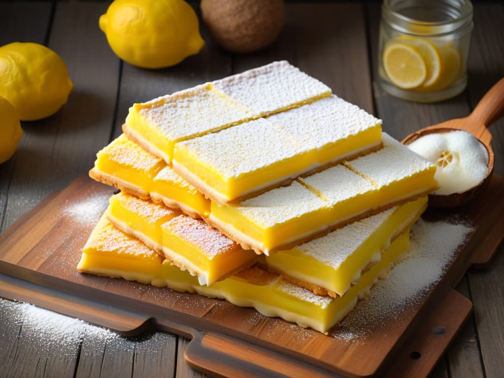  A closeup, photorealistic image of freshly baked lemon bars on a rustic wooden table, showcasing a perfect balance between the crumbly golden crust and the tangy lemon curd filling. The bars are garnished with a sprinkle of powdered sugar and delicate lemon zest, with a few whole lemons and a vintage citrus squeezer in the background, evoking a cozy yet professional baking atmosphere. The image captures the texture, color, and inviting presentation of these delectable lemon treats, making the viewer eager to try out the recipe. hyperrealistic, full body, detailed clothing, highly detailed, cinematic lighting, stunningly beautiful, intricate, sharp focus, f/1. 8, 85mm, (centered image composition), (professionally color graded), ((bright soft diffused light)), volumetric fog, trending on instagram, trending on tumblr, HDR 4K, 8K