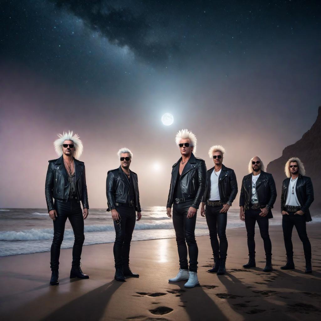  A flock of seagulls on a beach at night under the moonlit stars performing as a super cool heavy metal rock 80’s hair band. hyperrealistic, full body, detailed clothing, highly detailed, cinematic lighting, stunningly beautiful, intricate, sharp focus, f/1. 8, 85mm, (centered image composition), (professionally color graded), ((bright soft diffused light)), volumetric fog, trending on instagram, trending on tumblr, HDR 4K, 8K