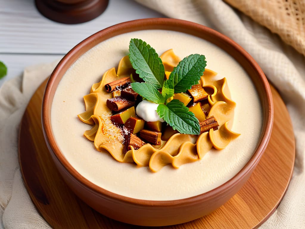  A closeup, photorealistic image of a creamy, velvety arroz con leche in a traditional clay bowl, topped with a sprinkle of cinnamon and a garnish of fresh mint leaves. The dessert is set on a rustic wooden table with soft natural lighting filtering through a nearby window, highlighting the rich texture and inviting warmth of the dish. hyperrealistic, full body, detailed clothing, highly detailed, cinematic lighting, stunningly beautiful, intricate, sharp focus, f/1. 8, 85mm, (centered image composition), (professionally color graded), ((bright soft diffused light)), volumetric fog, trending on instagram, trending on tumblr, HDR 4K, 8K