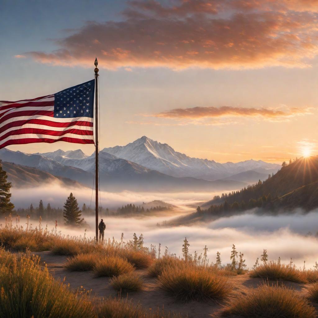  A serene American landscape at dawn, with a flag waving in the foreground and soft, inspiring text reading 'Together We Stand'. The scene is peaceful with a beautiful sunrise casting golden hues across the sky and land. Mountains can be seen in the distance, and there is a gentle breeze that causes the flag to wave gracefully. The overall tone is hopeful and determined. hyperrealistic, full body, detailed clothing, highly detailed, cinematic lighting, stunningly beautiful, intricate, sharp focus, f/1. 8, 85mm, (centered image composition), (professionally color graded), ((bright soft diffused light)), volumetric fog, trending on instagram, trending on tumblr, HDR 4K, 8K