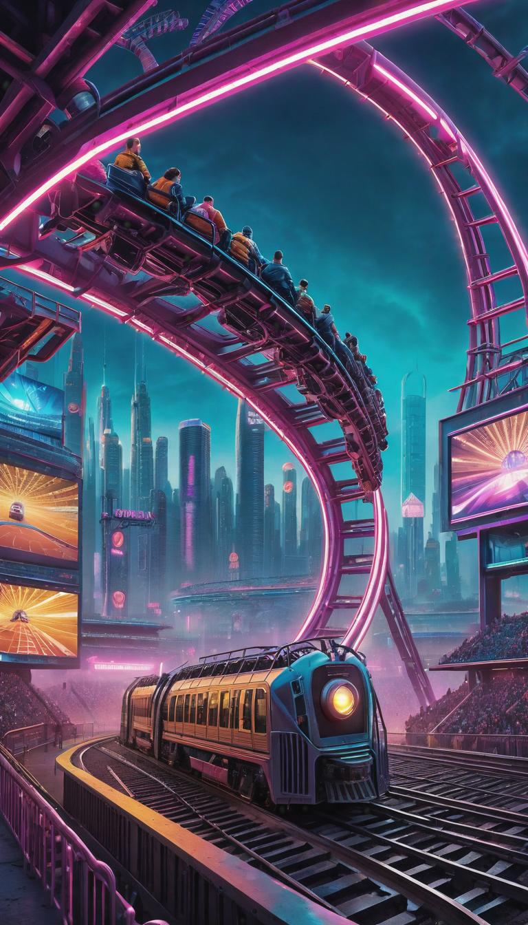  Cyberpunk style depiction of Rollercoaster on baseball field . The scene is set in a world where technology has advanced, but society and human conditions have not, creating a gritty, dystopian atmosphere. hyperrealistic, full body, detailed clothing, highly detailed, cinematic lighting, stunningly beautiful, intricate, sharp focus, f/1. 8, 85mm, (centered image composition), (professionally color graded), ((bright soft diffused light)), volumetric fog, trending on instagram, trending on tumblr, HDR 4K, 8K