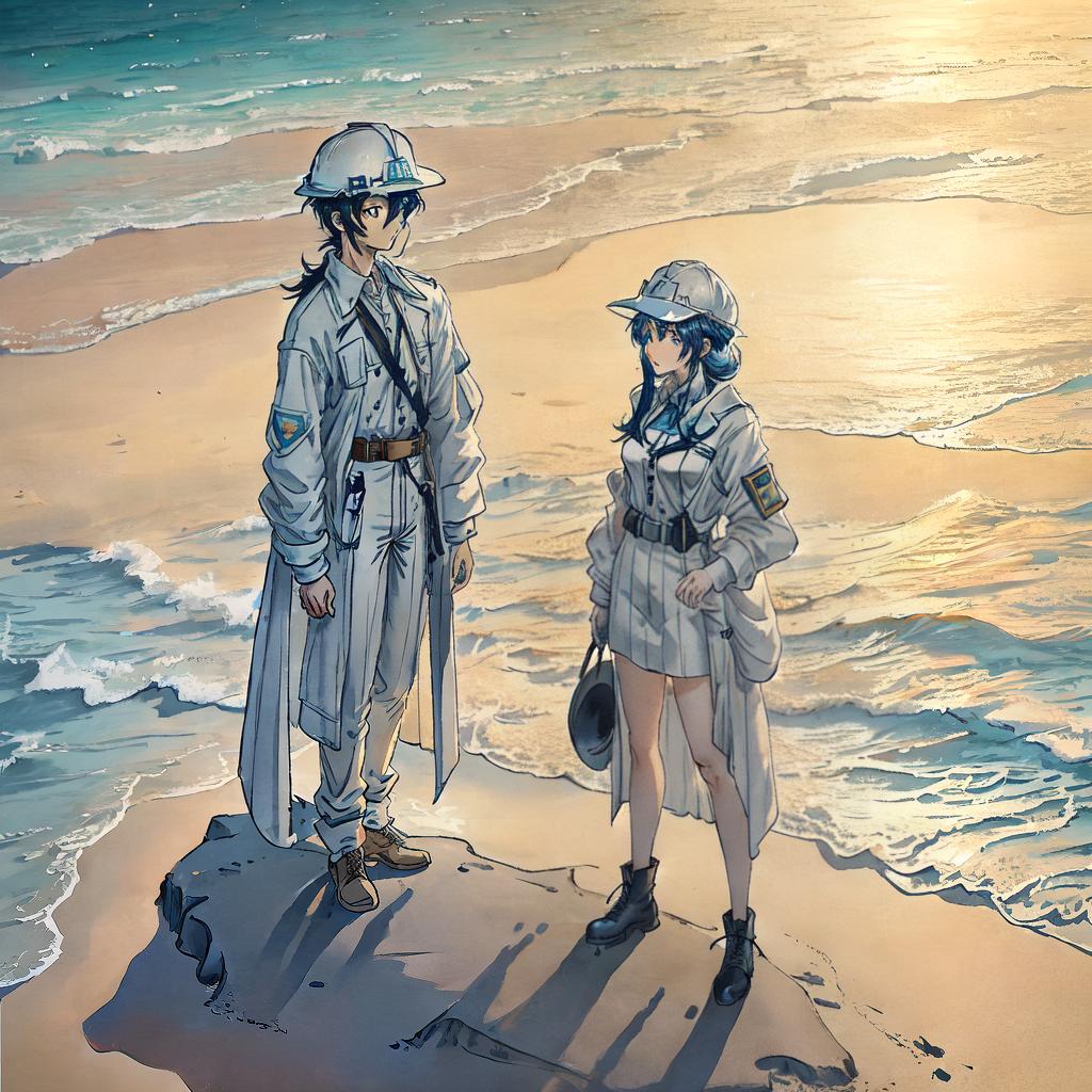  A young couple, the boy is a geodetic engineer ((wearing a hard hat)) and the girl is an electronics engineer ((wearing a hard hat as well)), standing on a sandy beach, with a beautiful ocean view in the background hyperrealistic, full body, detailed clothing, highly detailed, cinematic lighting, stunningly beautiful, intricate, sharp focus, f/1. 8, 85mm, (centered image composition), (professionally color graded), ((bright soft diffused light)), volumetric fog, trending on instagram, trending on tumblr, HDR 4K, 8K