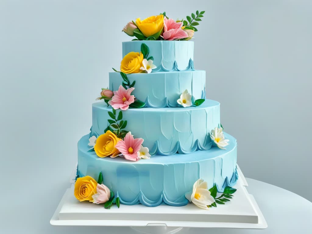  A closeup, ultradetailed image of a perfectly sculpted, multilayered cake adorned with intricate floral decorations in pastel hues, set against a clean, white background. The cake's flawless icing and delicate piping work showcase precision and artistry, embodying elegance and sophistication. hyperrealistic, full body, detailed clothing, highly detailed, cinematic lighting, stunningly beautiful, intricate, sharp focus, f/1. 8, 85mm, (centered image composition), (professionally color graded), ((bright soft diffused light)), volumetric fog, trending on instagram, trending on tumblr, HDR 4K, 8K