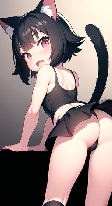  ultra ta ultra small ultra chibi , big upturned cross eyed, black hair short bob, very short height, small figure, cat ears, skin, , pink thin tank top, black very short flared , knee high socks, open mouth, fang, cat ears, legs,panty shot,vew from behind,(on all foursPause), emphasis, (Masterpiece, BestQuality:1.3), (ultra detailed:1.2), (hyperrealistic:1.3), (RAW photo:1.2),High detail RAW color photo, professional photograph, (Photorealistic:1.4), (realistic:1.4), ,professional lighting, (japanese), beautiful face, (realistic face)