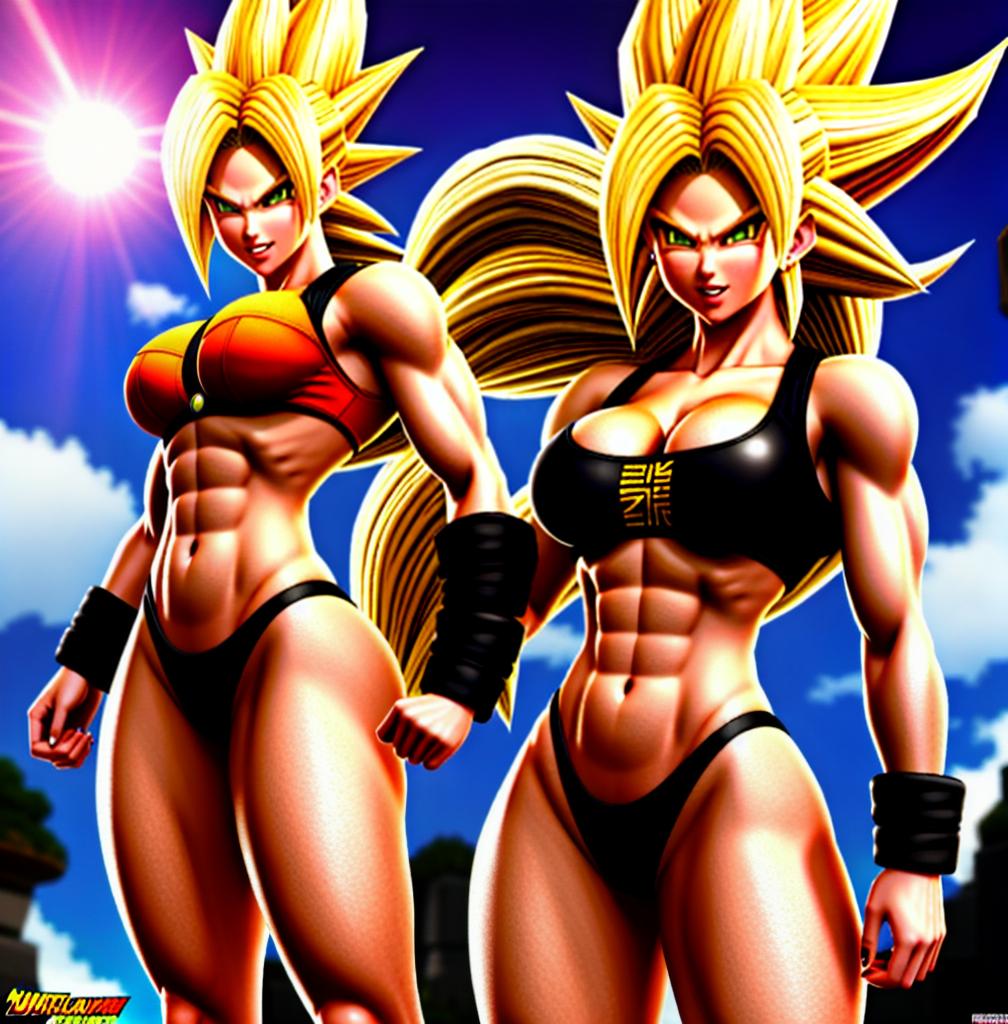  ((foto de cuerpo completo, pie plano, cuerpo recto)), ((laura {Super Super Saiyan mujer con grandes pechos})), ((lleva puesto son goku+Los disfraces de ella son extremadamente ajustados a su cuerpo.))