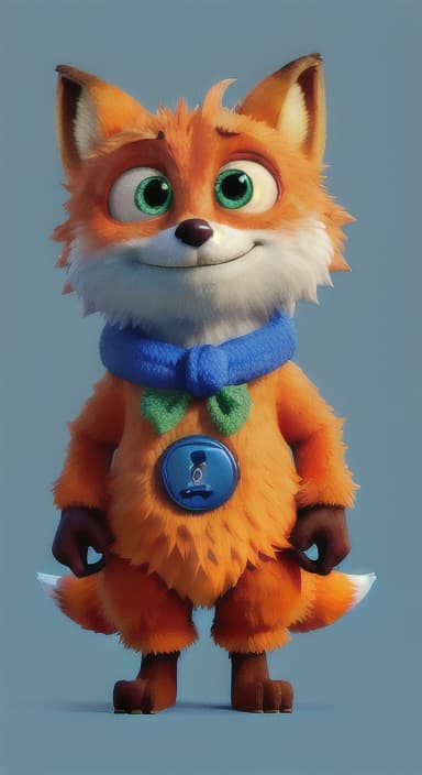  {Error the fox pressing the blue button with his paw, looking puzzled as nothing occurs., Error is a small, bright orange fox with a fluffy tail and big, inquisitive eyes. He has a mischievous yet kind expression and wears a tiny green scarf.