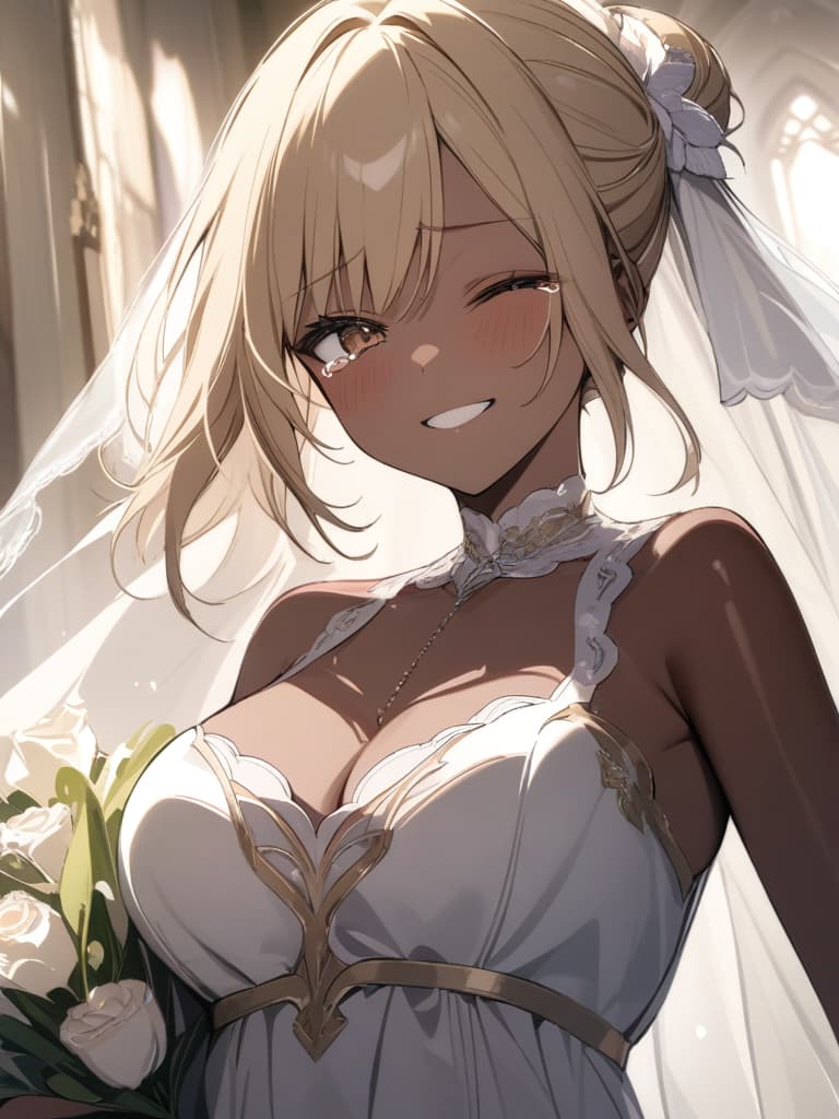  ultra detailed:1.2masterpiece:1.2,best quality,masterpiece,bestquality,hdr:1.1,8k:1.1,very cute girl:1.3,blonde hair:1.3,(seductive smile:1.3),(grin:1.2),(tears:1.2),one closed eye:1.2 ,embarred:1.3,single hair bun:1.3,race wedding light pink dress:1.3,bridal veil:1.3,(brown skin:1.8),upper body:1.3,face focus:1.3,Dutch angle:1.3,bouquet:1.3,reaching hand at viewer:1.1 ,church:1.3, masterpiece, best quality,8k,ultra detailed,high resolution,an extremely delicate and beautiful,hyper detail