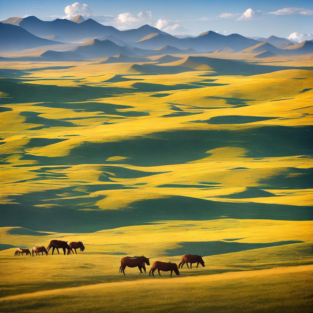 A breathtaking Mongolian landscape masterpiece with the best quality, 8k resolution, and ultra-detailed elements. The main subject is a nomadic herder riding a horse across the vast grassland, (exquisite traditional Mongolian clothing) fluttering in the wind, (a herd of grazing yaks) peacefully roaming nearby. The scene is bathed in golden sunlight, casting long shadows on the rolling hills and (a clear blue sky) with fluffy white clouds completing the idyllic picture. hyperrealistic, full body, detailed clothing, highly detailed, cinematic lighting, stunningly beautiful, intricate, sharp focus, f/1. 8, 85mm, (centered image composition), (professionally color graded), ((bright soft diffused light)), volumetric fog, trending on instagram, trending on tumblr, HDR 4K, 8K